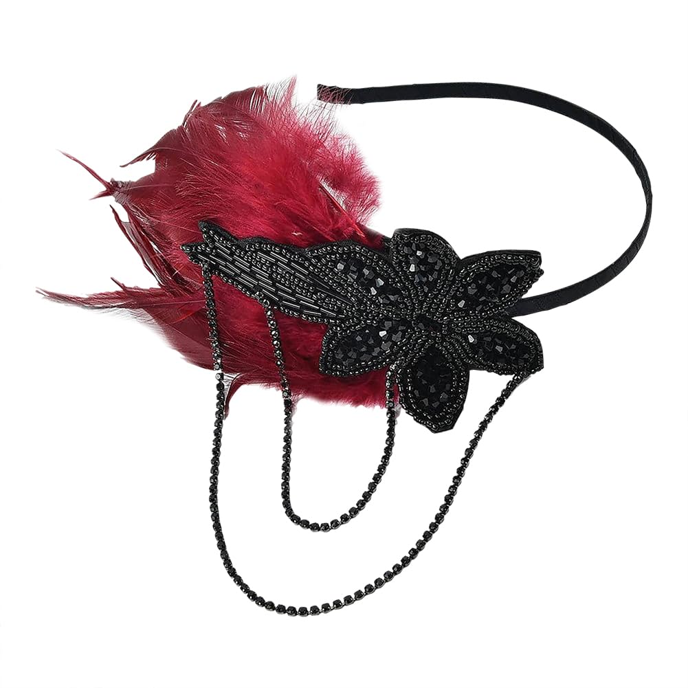 Feather Beaded Headband Vintage 1920s Headband Crystal Flapper Headpiece Great Gatsby Hair Accessories Roaring 20's Accessories Red