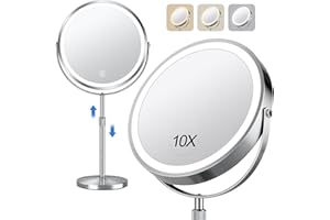 UBYMET 10x Large Lighted Makeup Mirror, Rechargeable 8" Height Adjustable Vanity Mirror, 1x/10x Magnifying Mirror with 3 Color, Brightness Adjustable, 360° Rotation Double Sided Mirror, Gift for Her(Nickel)