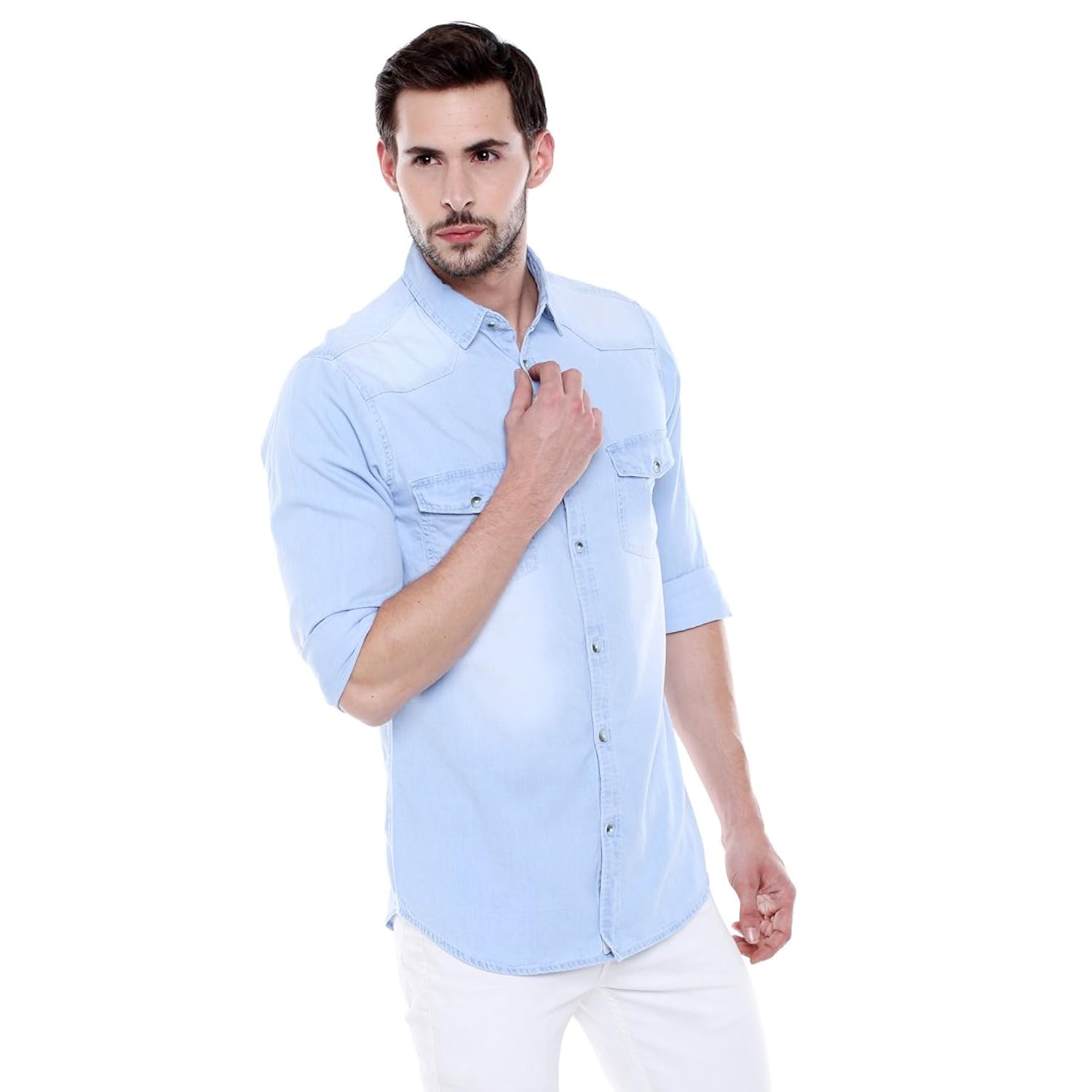 dennis lingo men's denim light blue solid casual shirt