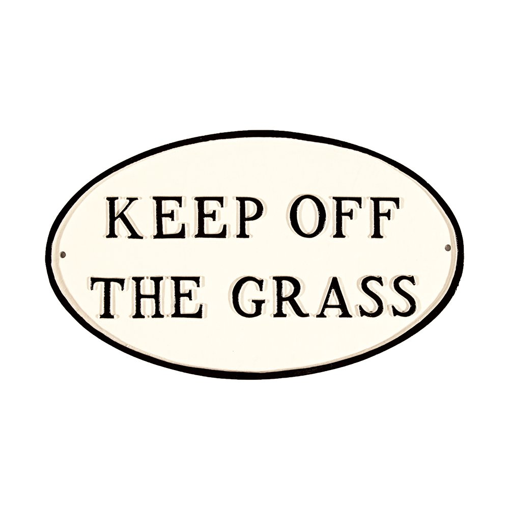 Montague Metal Products SP-28L-WB Keep Off The Grass Oval Statement Plaque, Large, White and Black