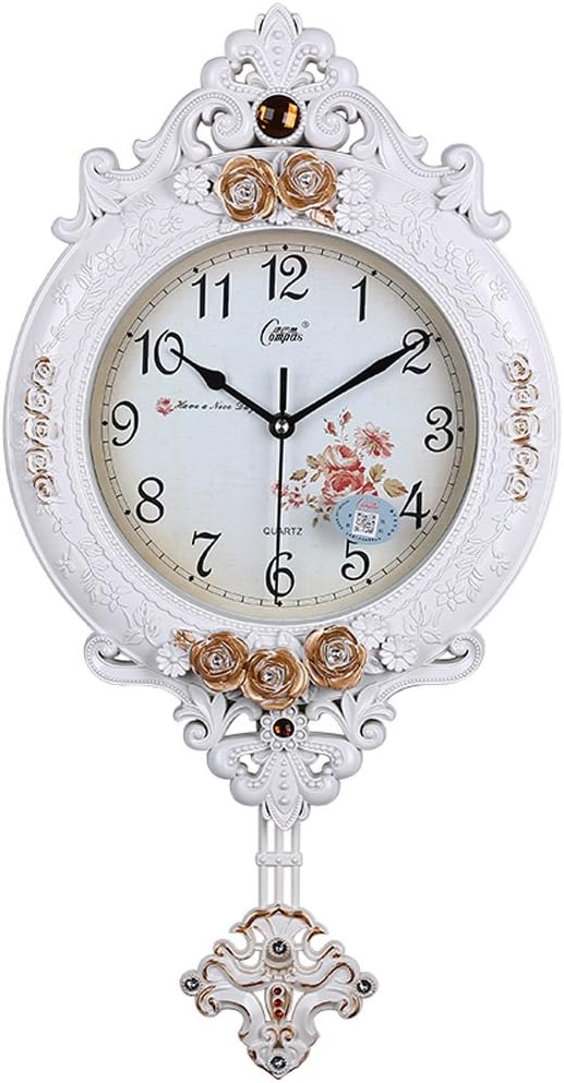 AsureQ 12" European Vintage Style Pendulum Wall Clock Elegant Traditional Design Style Decorative Non-Ticking Silent (White)