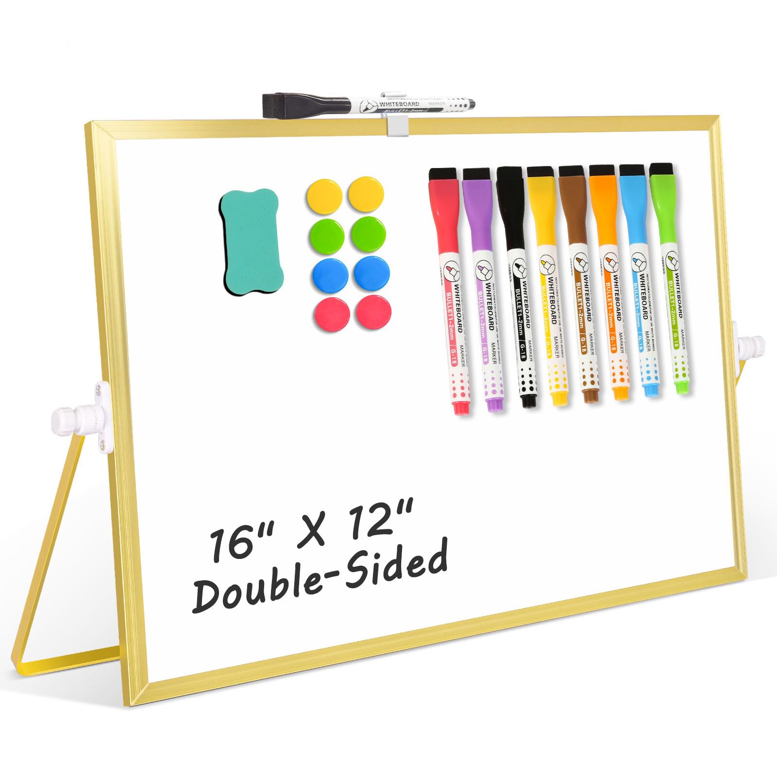Photo 1 of AMUSIGHT Magnetic Dry Erase White Board, 16" x 12" Double-Sided Golden Aluminum Frame Desktop Whiteboard with Stand, Portable Small Whiteboard Set for Drawing, Office, Home, School