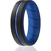ROQ Silicone Rubber Wedding Ring for Men, Men's Wedding Band, Breathable Rubber Engagement Band, 2 Thin & Middle Lines, Beveled Edge & Engraved Duo, Multi Colors