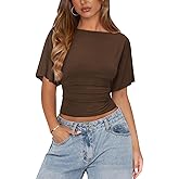 Womens Boat Neck Batwing Tops for Women Cinched Waist Top Tie Back Short Sleeve Shirts Business Casual Clothing