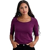 Fair Indigo Women's Organic Pima Cotton Elbow Sleeve Wide Scoop Neck Tee