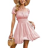 EXLURA Women's 2026 Summer Short Puff Sleeve Casual Short Mini Dresses Tie Back Square Neck A-Line Sundress