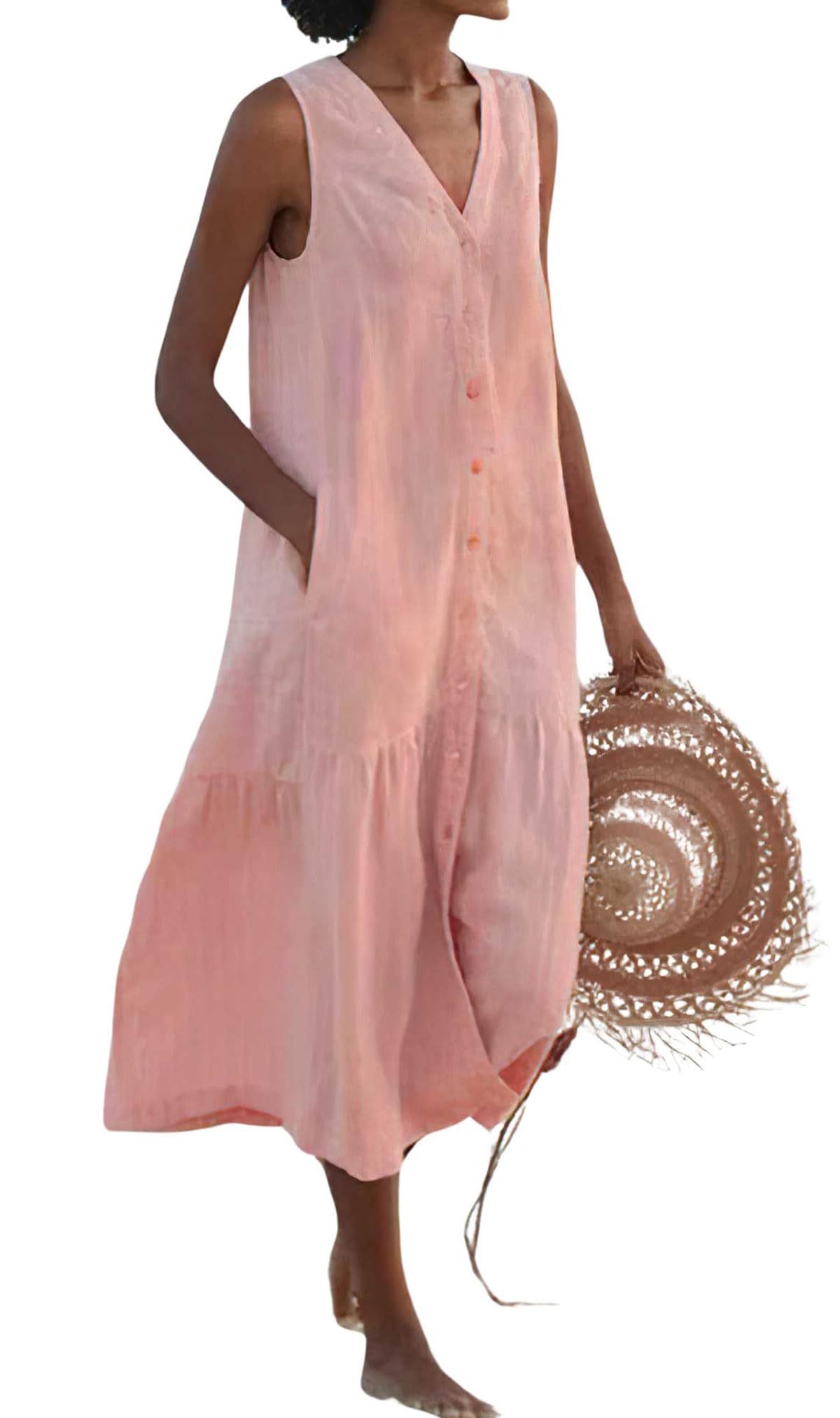 Photo 1 of chouyatou Women's Summer Sleeveless Button Down Cotton Tank Dress Loose A-Line Tiered Tunic Beach Dress (Large, Pink)
