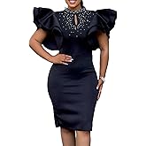 HuiSiFang Women's Sexy Bodycon Dresses Ruffle Sleeve Mock Neck Beaded Pearl Pencil Midi Dresses