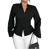 SOLY HUX Women's Plus Size Button Down Shirt Collared V Neck Bell Long Sleeve Casual Work Blouse Tops