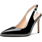 NobleOnly Slingback Beaded Pumps for Women High Stiletto Heel Pointed Toe Slip-on Dress Sandals Adjustable Buckle Rhinestone Patent Leather 3.9 Inches Heels