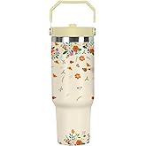 30 Oz Floral Tumbler For Women with Handle and Straw,Stainless Steel Vacuum Insulated Coffee Travel Iced Water Bottle Cup Mug for Lady, Mothers Day Birthday Christmas Gifts for Women Girl