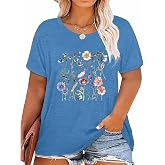 GeLivable Women Short Sleeve Plus Size O-Neck Vintage Flower Botanical Graphic Printed Shirt Casual Top Tshirt Tunics