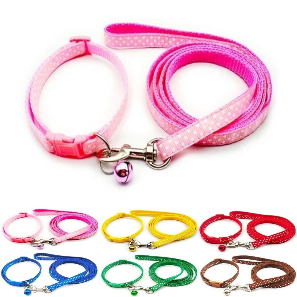 Small Dog Puppy Pet Collar and Lead Set Spot Dot Design Nylon Adjustable Size 19-32cm Collar with Bell and 120cm Leash Pink
