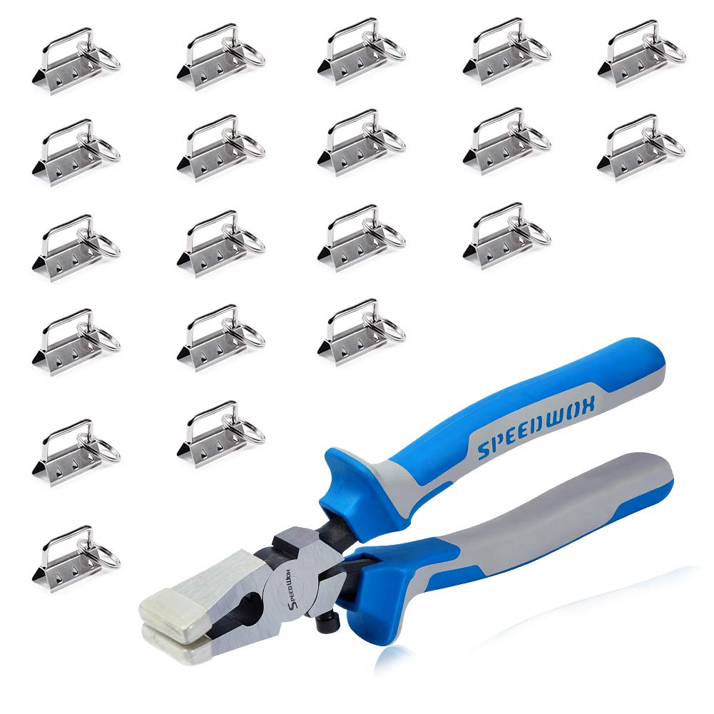 SPEEDWOX 20 Sets of Key Fob Pliers and 1.25 Inch Key Fob Hardware Sets with Keychain Split Rings White Nickel Webbing Fabric Strapping Glass Breaking Pliers Tools with Rubber Tips