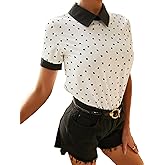 Floerns Women's Heart Print Short Sleeve Contrast Binding Collar Neck Casual Blouse