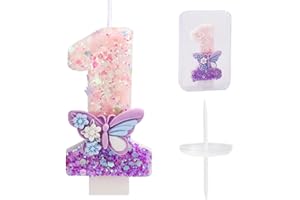 Birthday Number Candle One, Pink and Purple Butterfly Birthday Candle with Sequins Cake Topper Decoration for Girls and Women