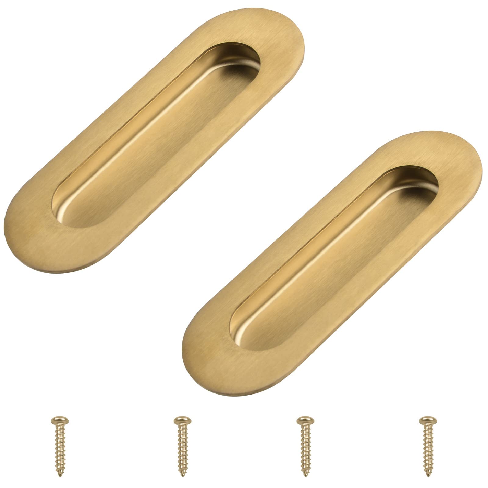 MOROBOR 2Pcs Brushed Gold Stainless Steel Side Hole Flush Pull, Oval Embedded Sliding Door Handle Recessed Finger Pulls with Hidden Screws for Drawer Cupboard Wardrobe — image 1