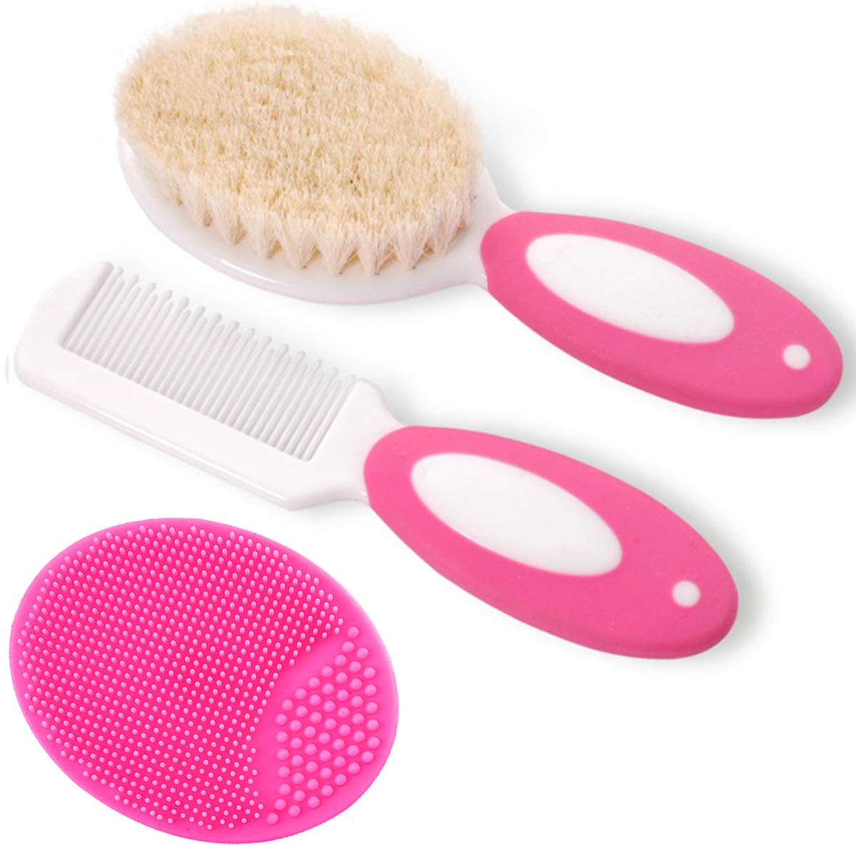 Baby Hair Brush and Comb Set for Newborns & Toddlers | Natural Soft Goat Bristles | Ideal for Cradle Cap | Perfect Baby Registry Gift (Rose Red)