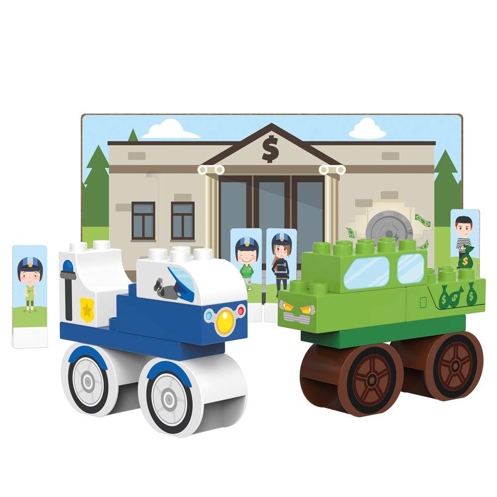 BiOBUDDI BUILDING BLOCKS - BANK PLAY SET, 18 BLOCKS, 9 PUSH-OUT CARDS