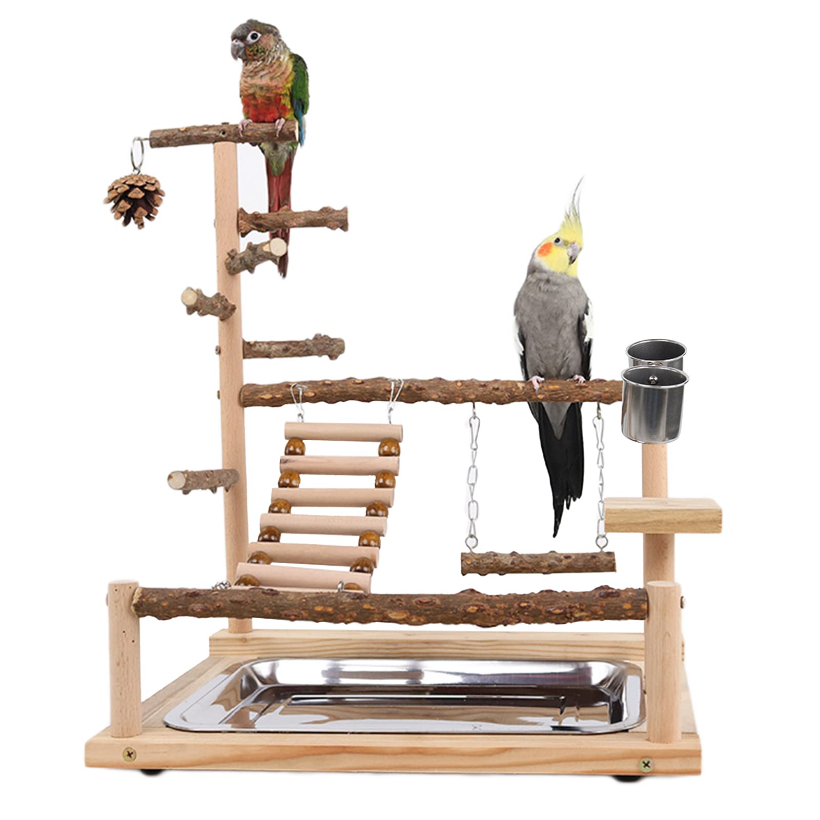 WishesMar Bird Playground Parrot Play Stand with Feeder Cup Swing Climb Ladder and Tray Budgie Playground Cage Exercise Gym Toys for Parakeets Cockatiel, Wooden, Size About 17.7x14.6x10.2 In #A