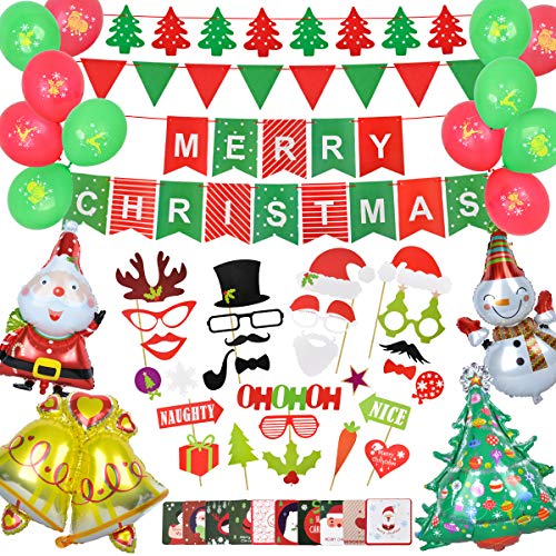 Christmas Decorations - 59 pcs Christmas Party Supplies Include Merry Christmas Banner/Christmas Card/Photo Booth Props/Foil Balloons/Latex Balloons for Christmas Indoor Decor