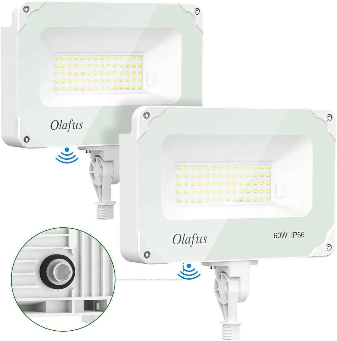 Olafus 2 Pack 60W LED Flood Light Outdoor Dusk to Dawn, 6000LM Photocell Security Lights IP66 Waterproof, Knuckle Mount Outside Lighting, 5000K Daylight Exterior Floodlight for Barn Yard Garage Lawn - - 