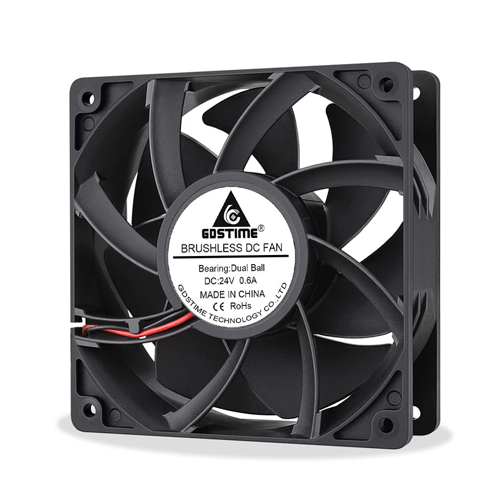 GDSTIME 120mm 24V Fan 2 Pin 120 x 38mm Computer Fan 24V DC Brushless Dual Ball Bearing 4500 RPM 179.2 CFM Big Airflow Fans 12308 Case Cooler for PC PSU Cabinet Inverter Server Workstation