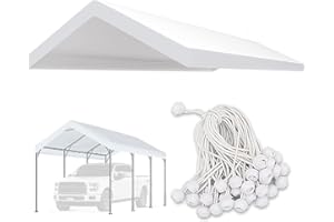FORALEBEN Upgraded Carport Replacement Canopy Cover for 10’ x 20‘ Car Tent Top Garage Shelter Cover Tarp with Ball Bungees (Only Top Cover, Frame Not Include) White