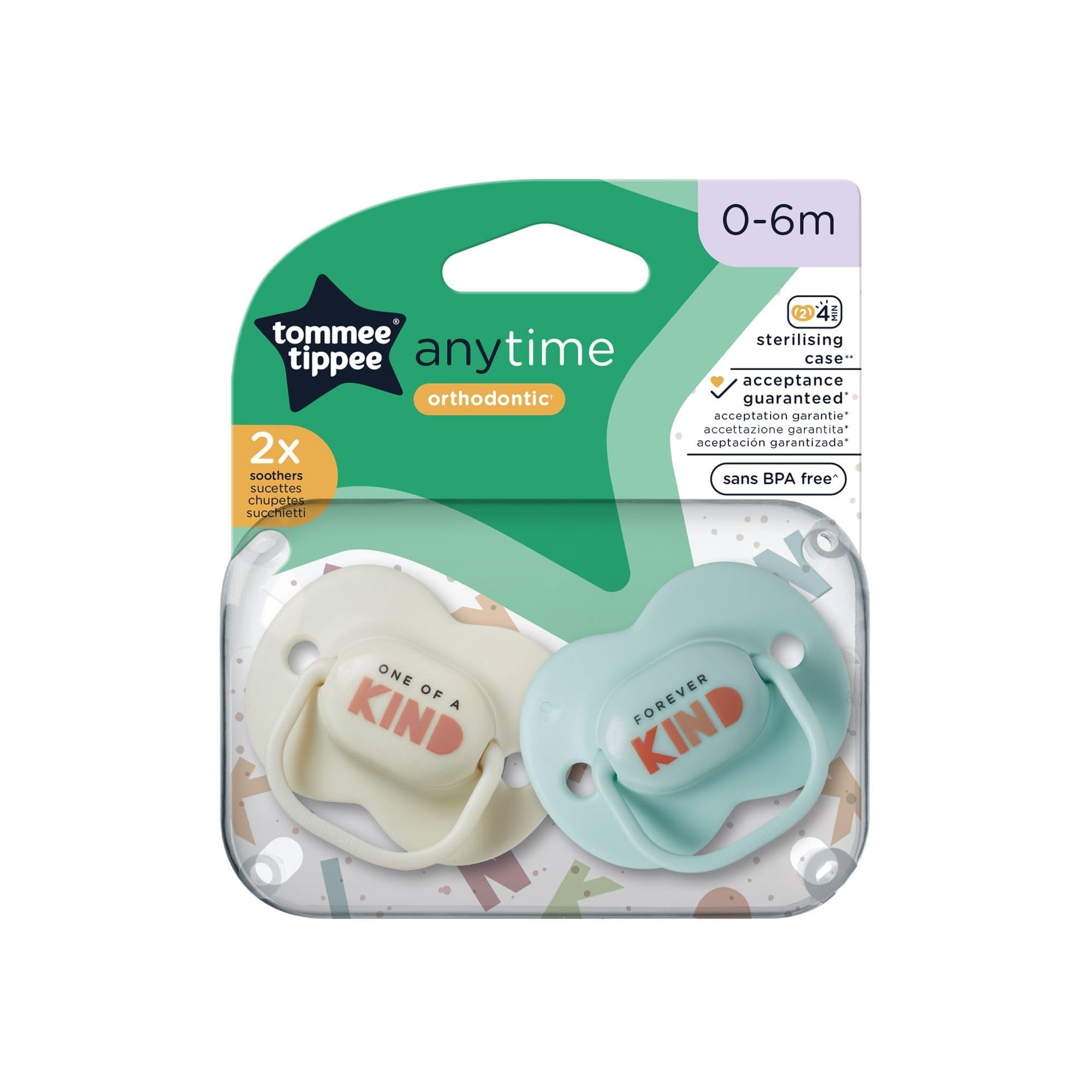Tommee Tippee Anytime Dummies, Symmetrical Orthodontic Design, BPA-Free Silicone, 0-6m, Pack of 2, Colours May Vary