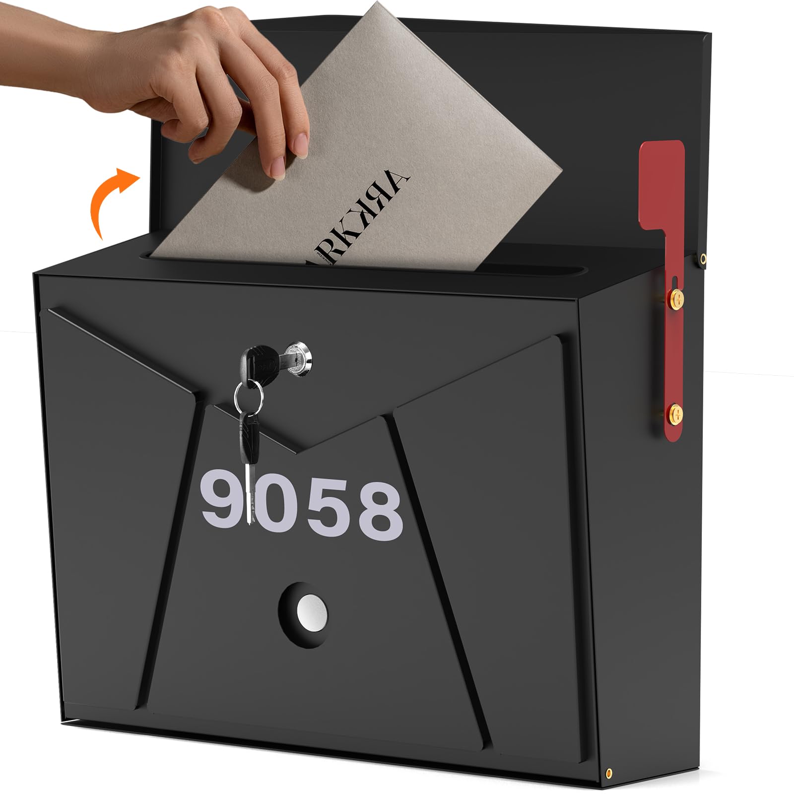 Photo 1 of 15.7" Width Mailbox Wall Mount with Key Lock & Red Flag, Rust-Proof Metal Mail Box with Waterproof Number Stickers for Outside, Lockable Drop Mail Box for House Apartment 12" H x 4.92" D