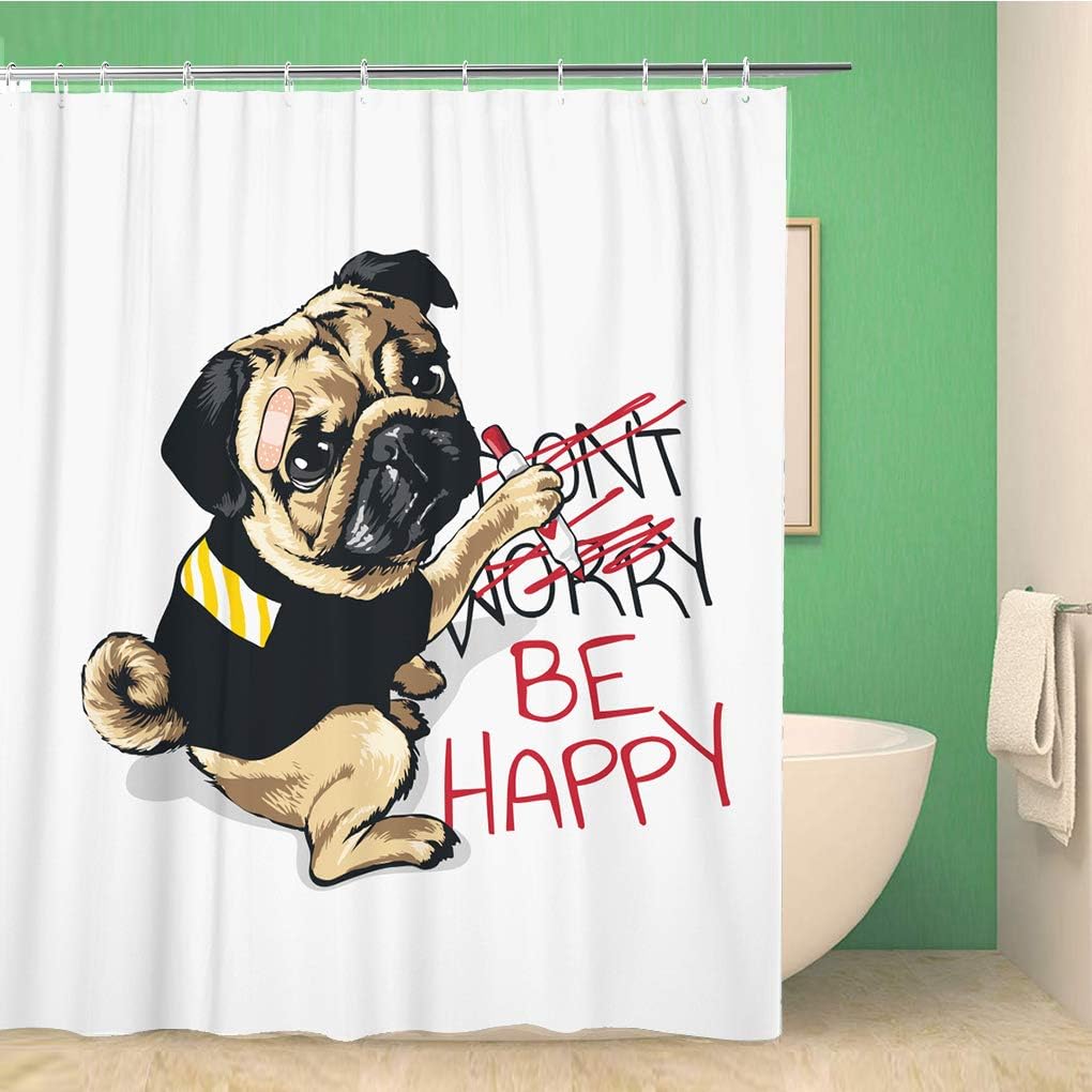 rouihot 72x72 Inches Shower Curtain Set with Hooks Be Happy Slogan with Cartoon Pug Dog in Black Day Ksa National Saudi 23 23Rd Arab Home Decor Waterproof Polyester Fabric Bathroom Curtains