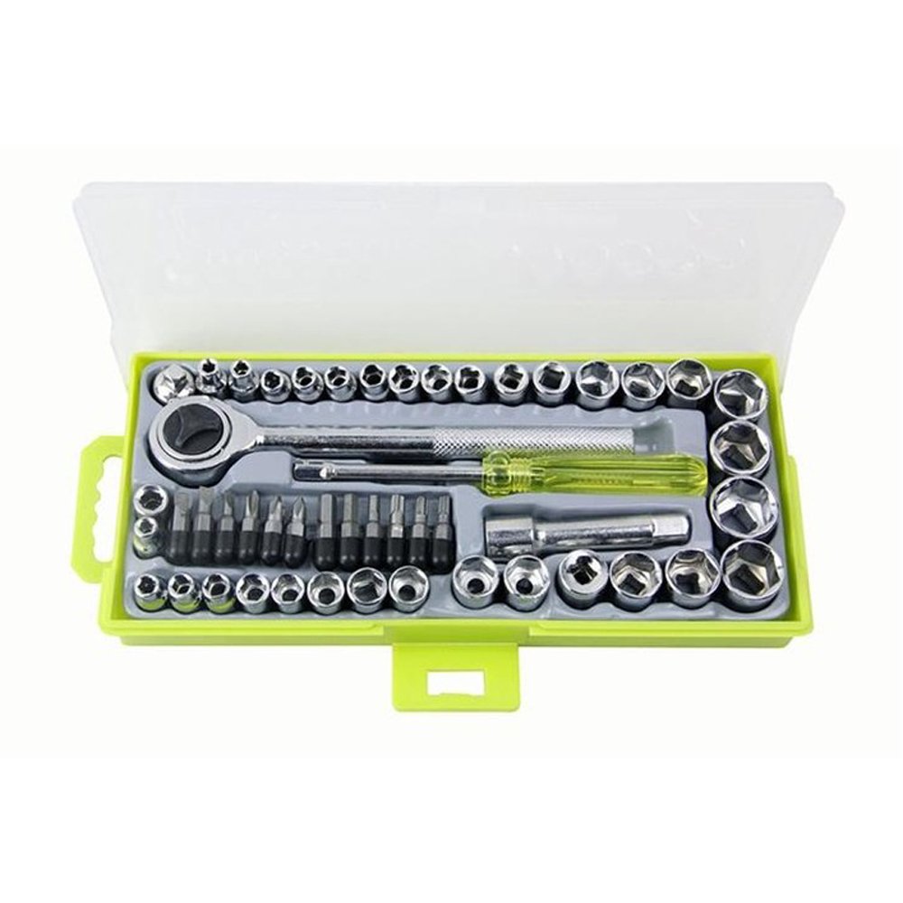 NUZAMAS [Upgraded] 50pcs Socket Wrench Socket Set 1/4" 3/8" Reversible Ratchet Handle DR Drive Ratchet Wrench 12 Hex Screw Drive BitsTools with Case
