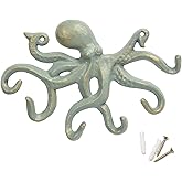 ChasBete Octopus Iron Wall Hooks for Hanging, Rustic Decorative Hooks/Key Holder/Coat Hooks/Towel Hooks with 6 arms - Gold Green