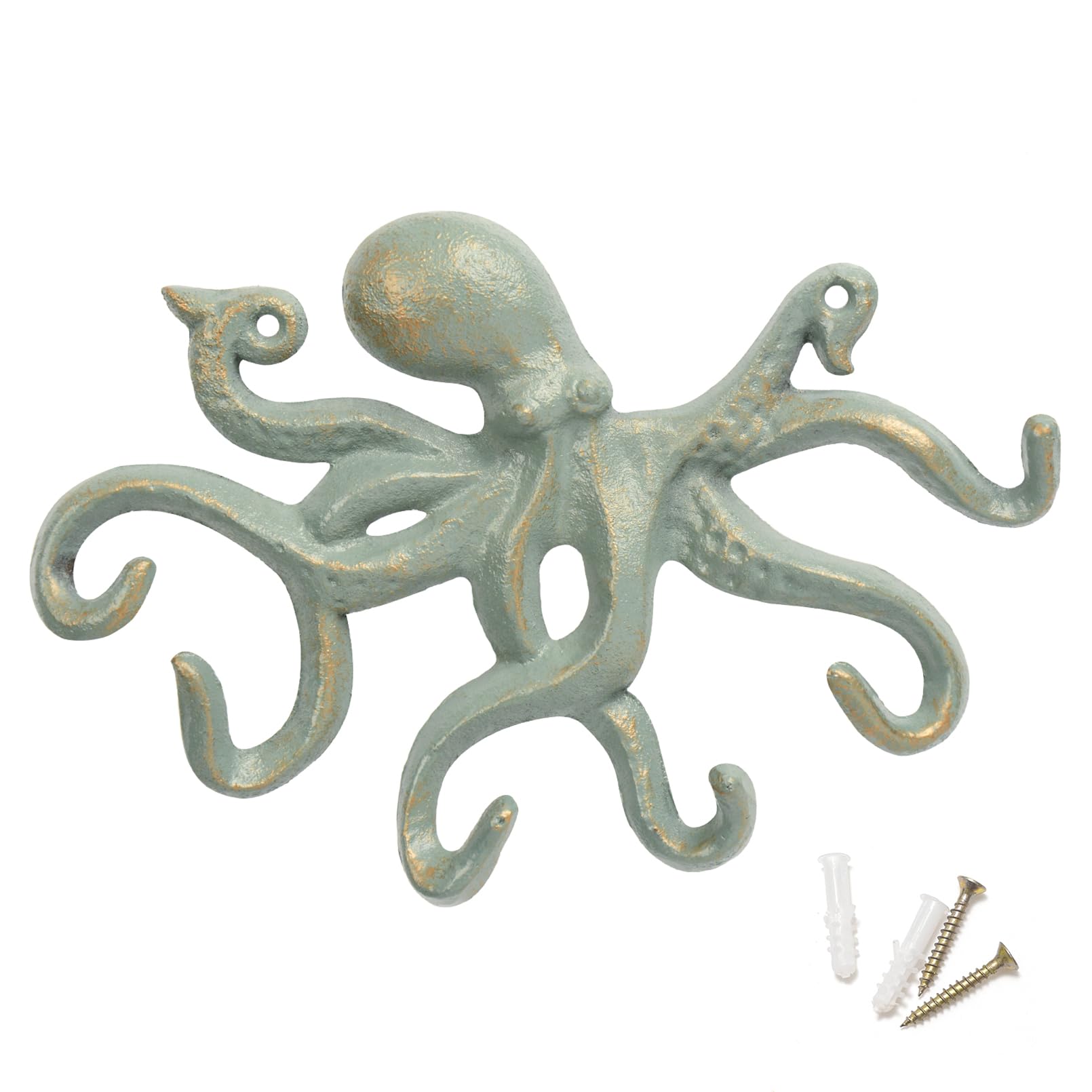 ChasBete Octopus Coat Hooks for Wall, 22.5cm Heavy Duty Wall Hooks, Rustic Key Holder for Decor - Gold Green