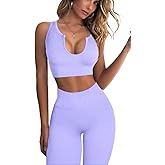QINSEN Workout Outfits for Women 2 Piece Ribbed Seamless Crop Tank High Waist Yoga Leggings Sets