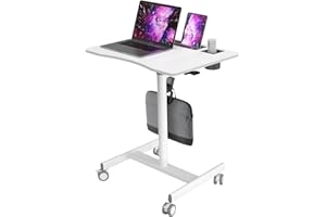 JYLH JOYSEEKER Mobile Standing Desk, 28 inch Rolling Standing Laptop Desk with Cup Holder, Mobile Desk Workstation with Wheels, Portable Computer Desk Cart with Hook for Home Office, White