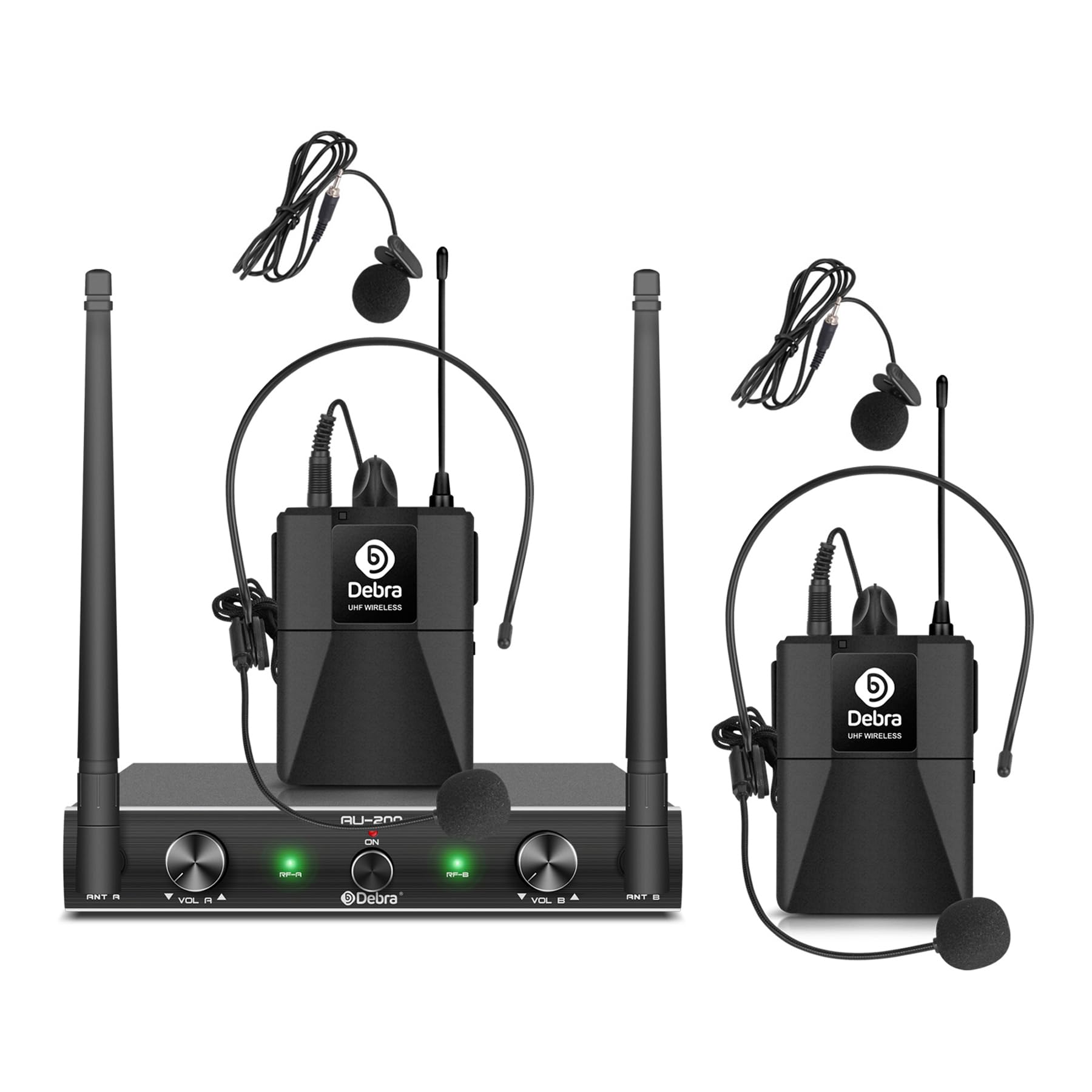 Audio AU200 Pro UHF 2 Channel Wireless Microphone System with Cordless Handheld Lavalier Headset Mics, Metal Receiver, Ideal for Karaoke Church Party (2 Bodypack)