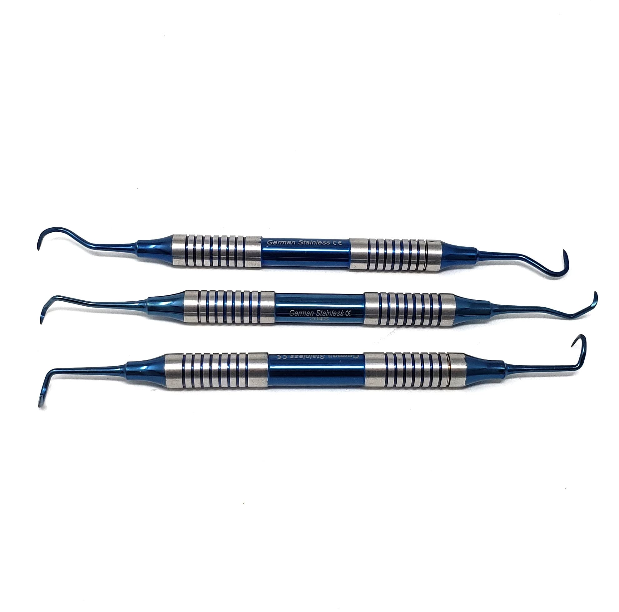 Photo 1 of 3pc Periodontal Dental Anterior Posterior Sickle Scalers 204S, H6/H7 Montana Jack, Stainless Steel Oral Hygiene Instrument Kit, Hollow Handle Blue Titanium Coated Double Ended Dental Instruments