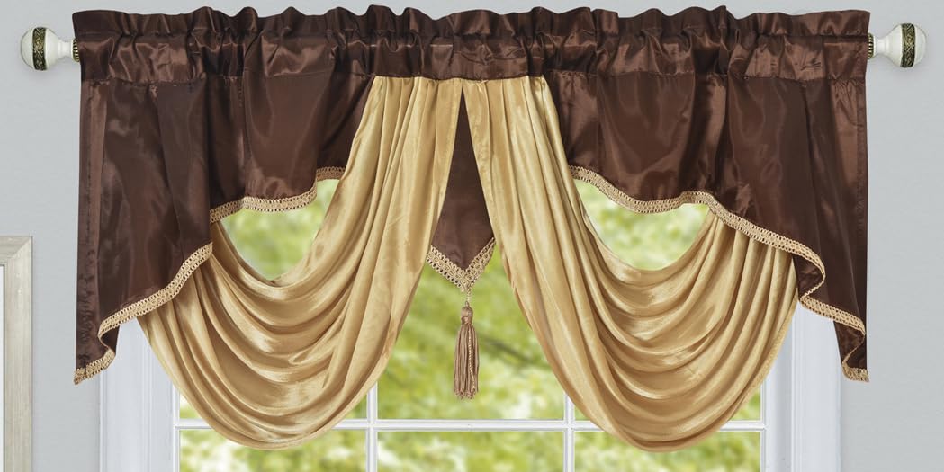 GOHD Golden Ocean Home Decor Valarie Fancy Window Valance. 54 x 18 inches. Taffeta Fabric with Soft Satin Swag. Add Some Royal luxruy Accent to Your Home. (Brown)