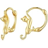 WOSTU Sterling Silver Cat Hoop Earrings - 18K Gold Plated, Hypoallergenic Cute Kitty Earrings for Cat Lovers