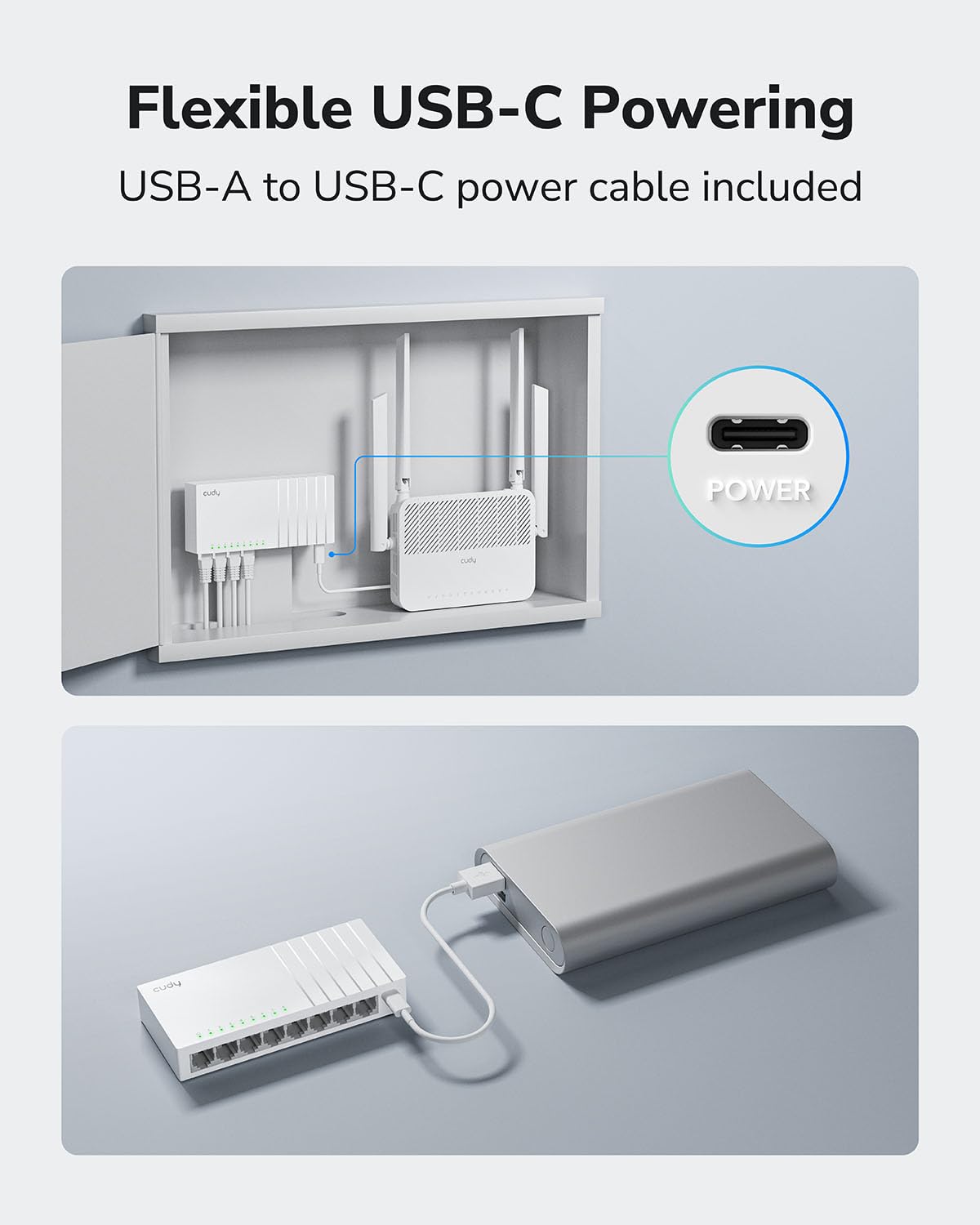 Cudy GS108U 8 Port Gigabit Ethernet Switch mit USB-C Power Jack Desktop Ethernet Splitter Kunststoffgehäuse ungeschirmter Schalter Plug & Play Fanless Unmanaged 5