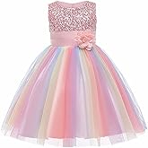 Flower Girls Wedding Party Dress Sequin Rainbow Mesh Tulle Princess Lace Ball Gown Prom
