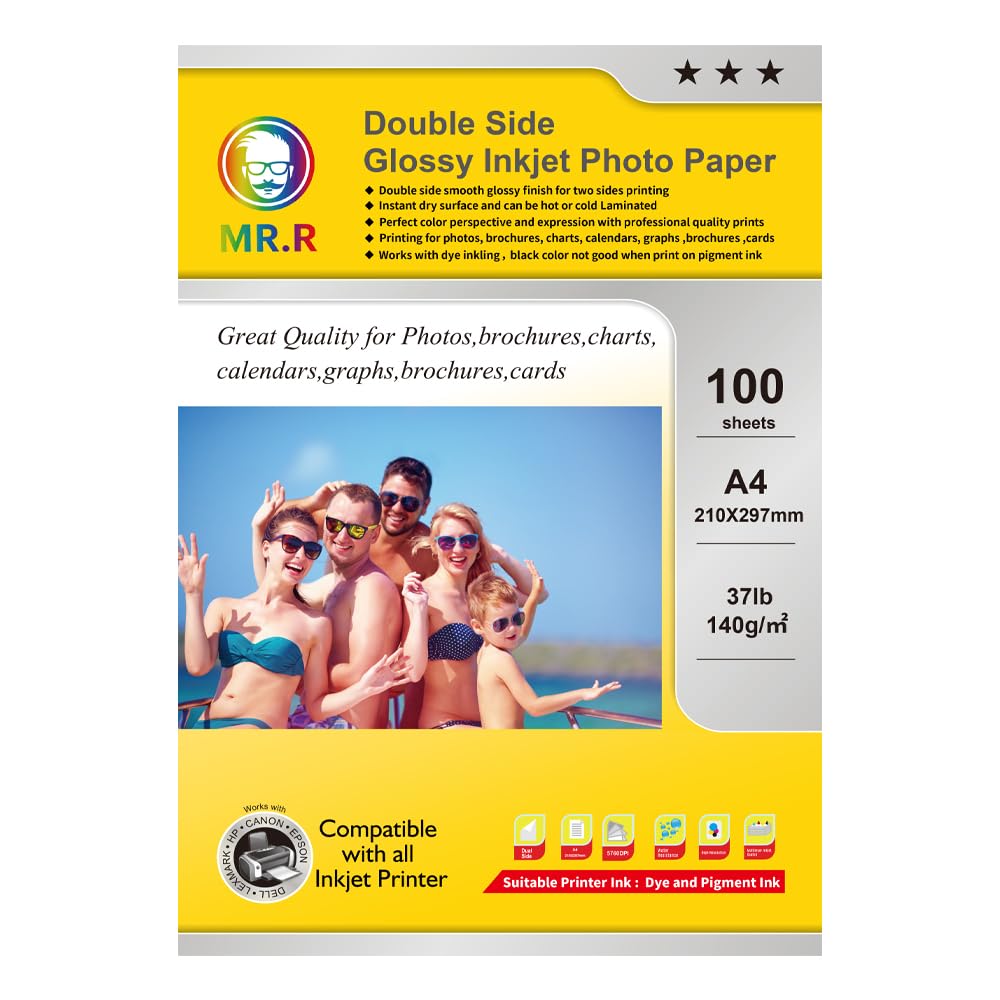 MR.R Double Sided Glossy Inkjet Photo Paper 140gsm, A4 100 Sheets for Inkjet Printers. Suitable for Printing Photos, Covers, Cards,Certificates, Leaflets, Calendars