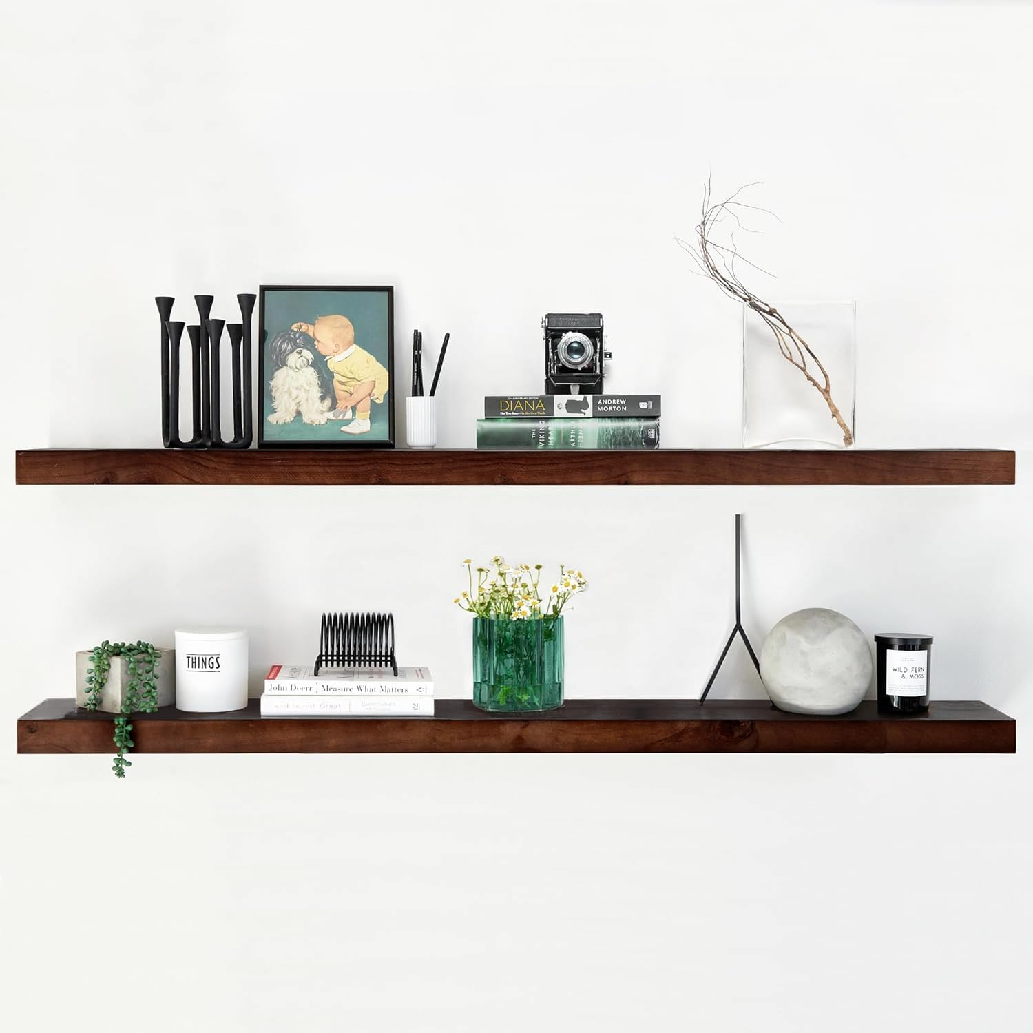 Photo 1 of ***MISSING PARTS*** Homeforia Walnut 60 inch Floating Shelf, High End Solid Real Wood 60inch Long Floating Shelf for Wall, Dark Brown Wooden 60in Large Floating Shelves, Heavy Duty Bracket, 60 X 6.5 X 1.75 inch, Set of 2