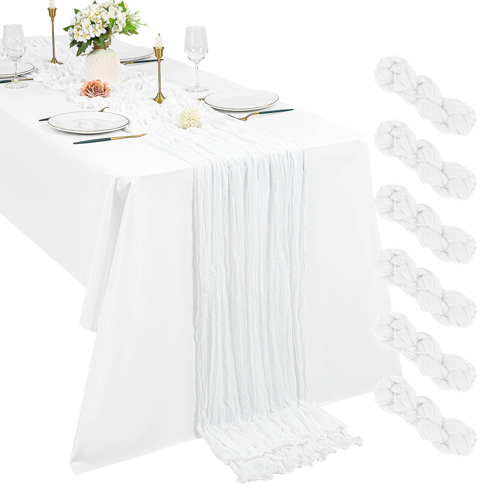 6 Pack White Cheesecloth Table Runner, 10Ft Boho Gauze 21×120 Inch Rustic Romantic Long for Wedding Party Bridal Shower Thanksgiving Christmas Decoration