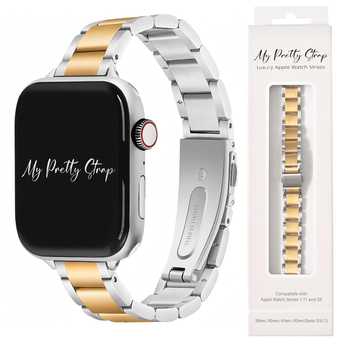 My Pretty Strap- Compatible Apple Watch Band - Stainless Steel iWatch Strap for Women- Adjustable Strap (4.9" - 6.5") - Series 1-10, SE & Ultra (38/40 41/42/44/45/49) - Gold, Silver -Dual Glazé