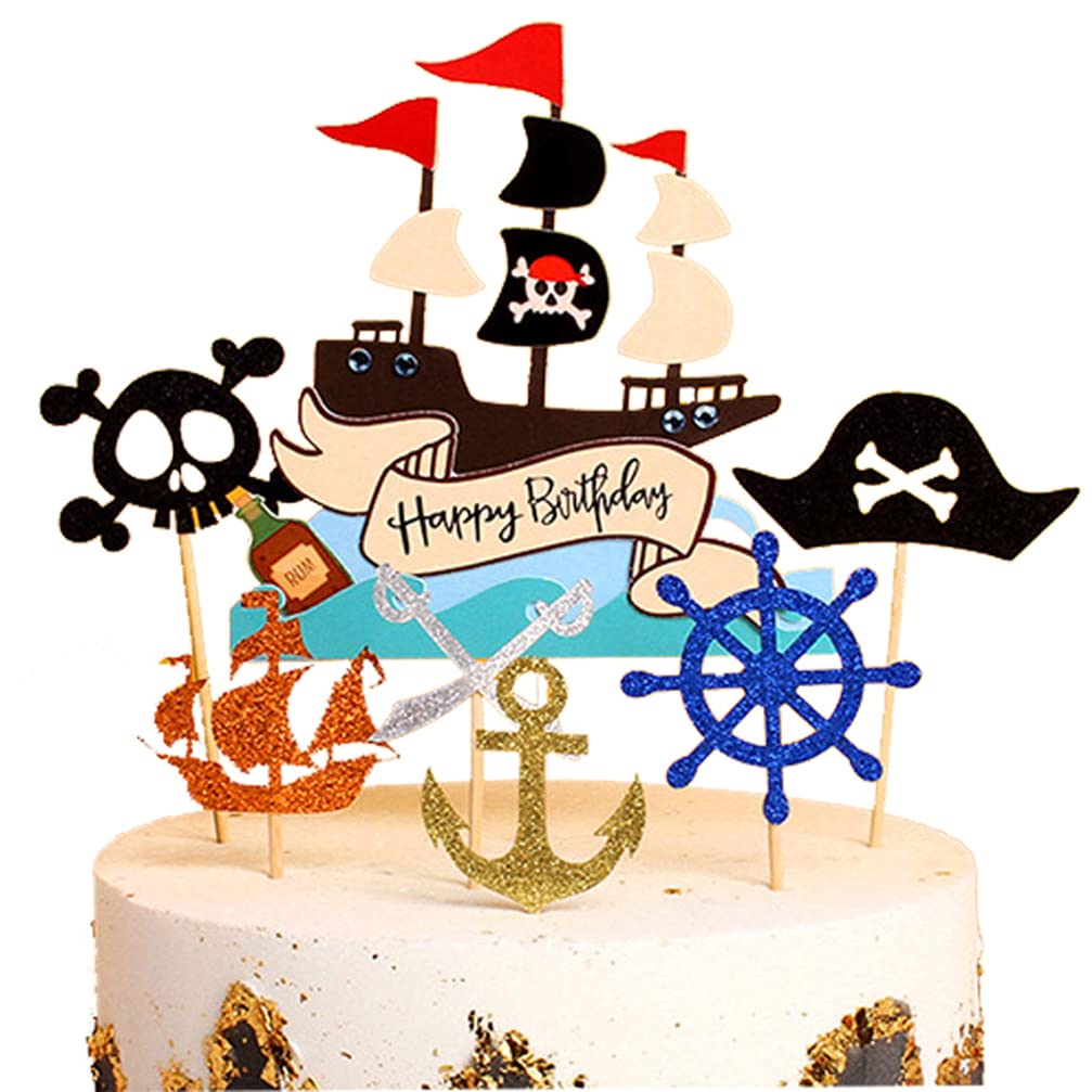 Houhounb Happy Birthday Cake Toppers Set Pirate Cake Topper Pirate Cake Topper Cupcake for Children Girls Boys Halloween Party Muffin Decoration, 7 Pieces