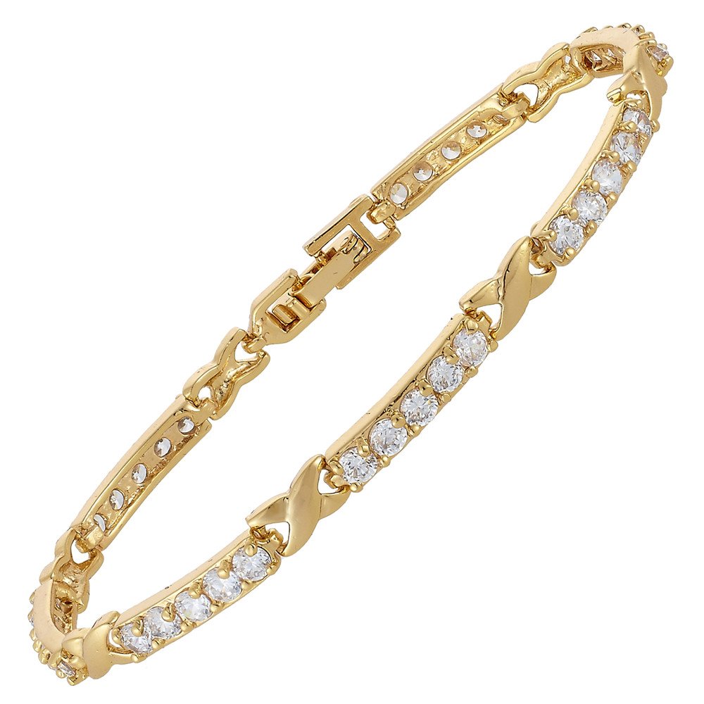 RIZILIA XOXO Link Tennis Bracelet [18cm/7inch] with Round Cut Gemstones CZ [White Topaz] in 18K Yellow Gold Plated, Simple Modern Elegance