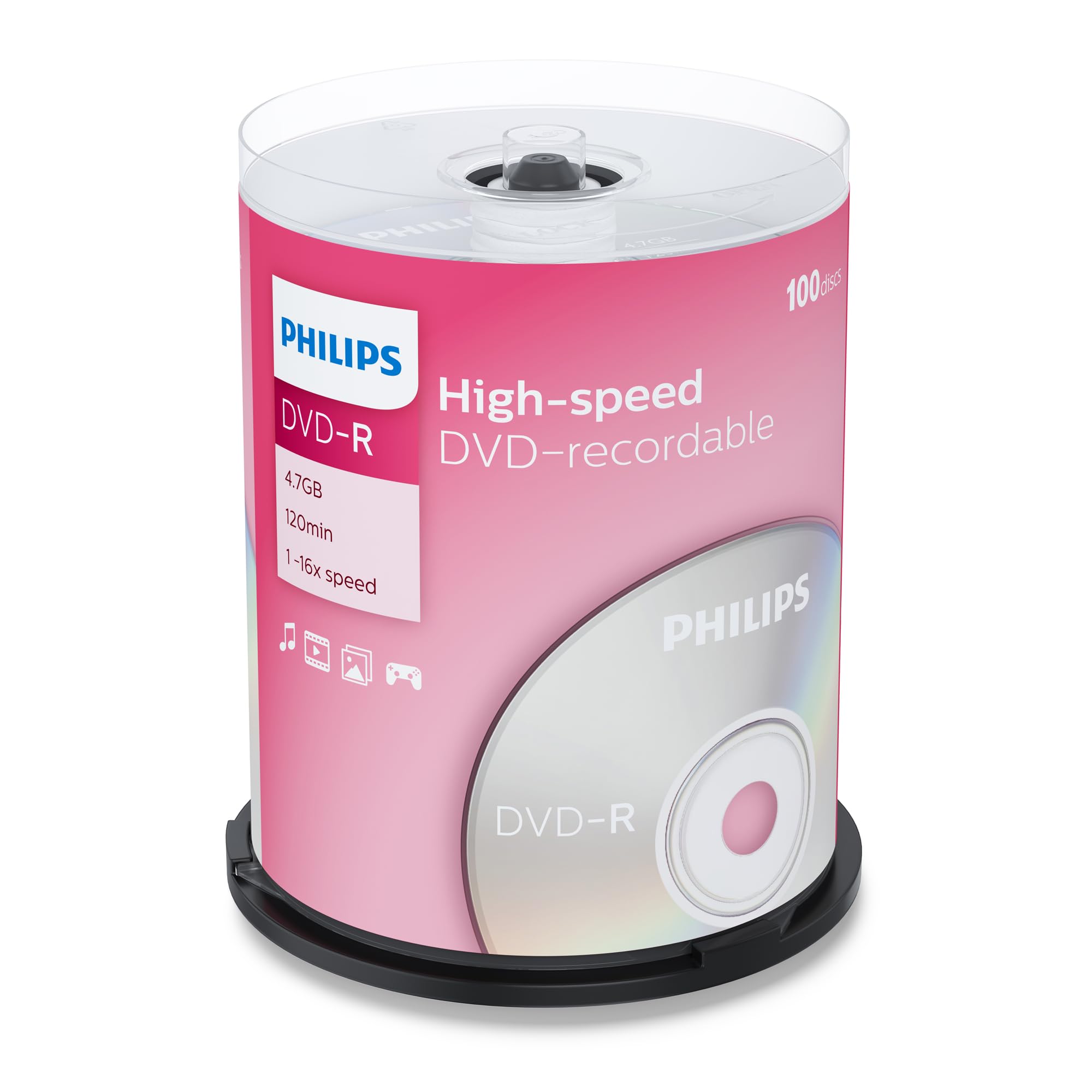 Philips DVD-R blank discs (4.7 GB data / 120 min Video/ 16x High Speed recording) 100 blank discs package - DM4S6B00F/00