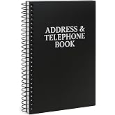 Iconikal Address Telephone Book 8 x 5-Inch Black Spiral Bound 384 Contacts | Lettered Tabs Emergency Info Important Dates Plastic Cover